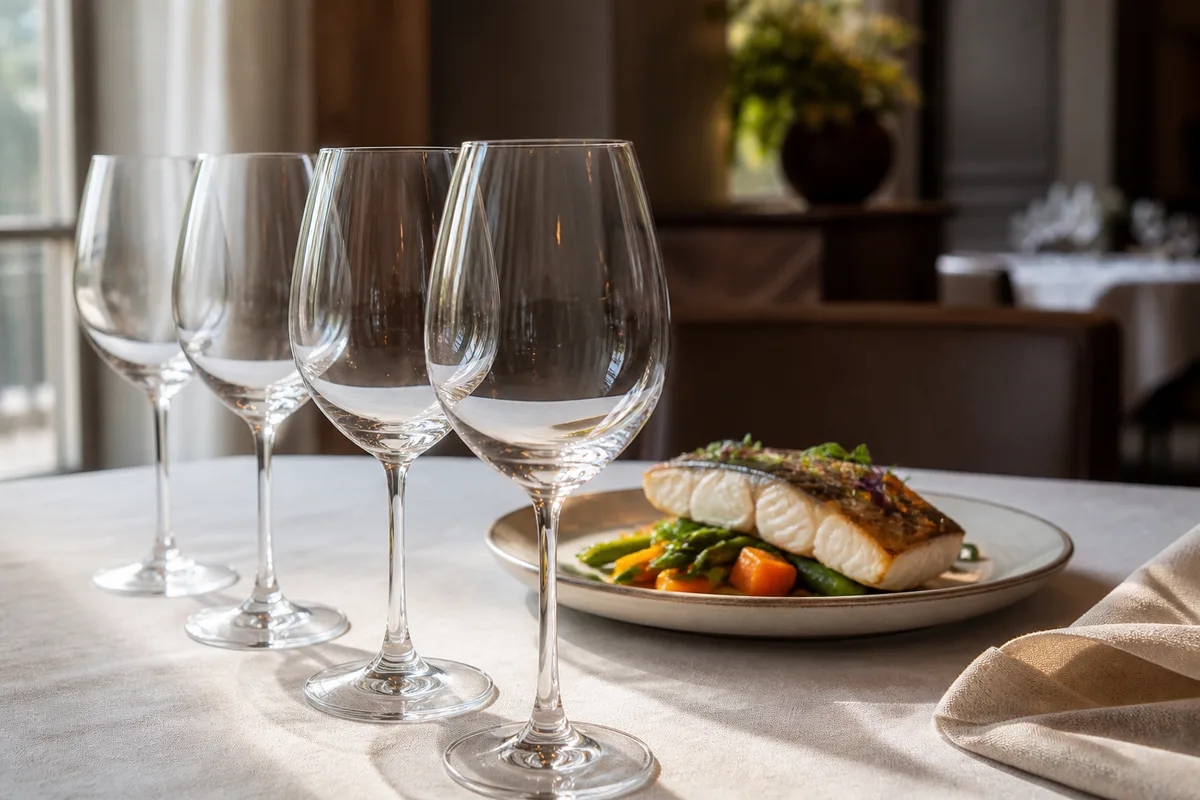 Quatre verres à vin alignés sur une table de restaurant devant une assiette dressée
