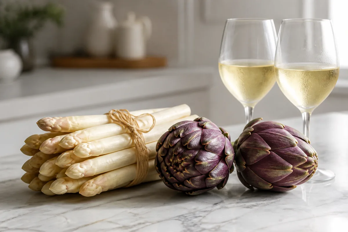Asperges blanches et artichauts crus posés près de deux verres de vin blanc sur un plan de travail clair