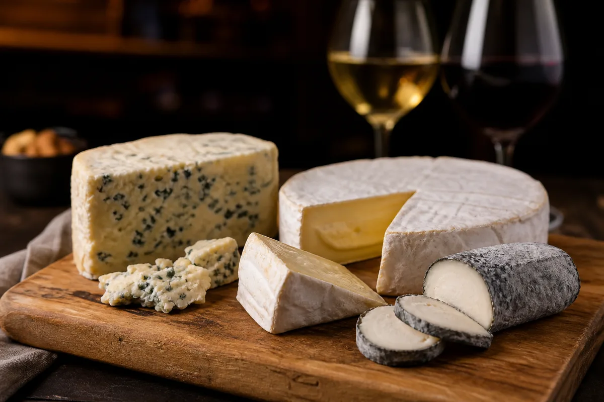 Plateau de fromages affinés et deux verres de vin posés sur une table en bois sombre