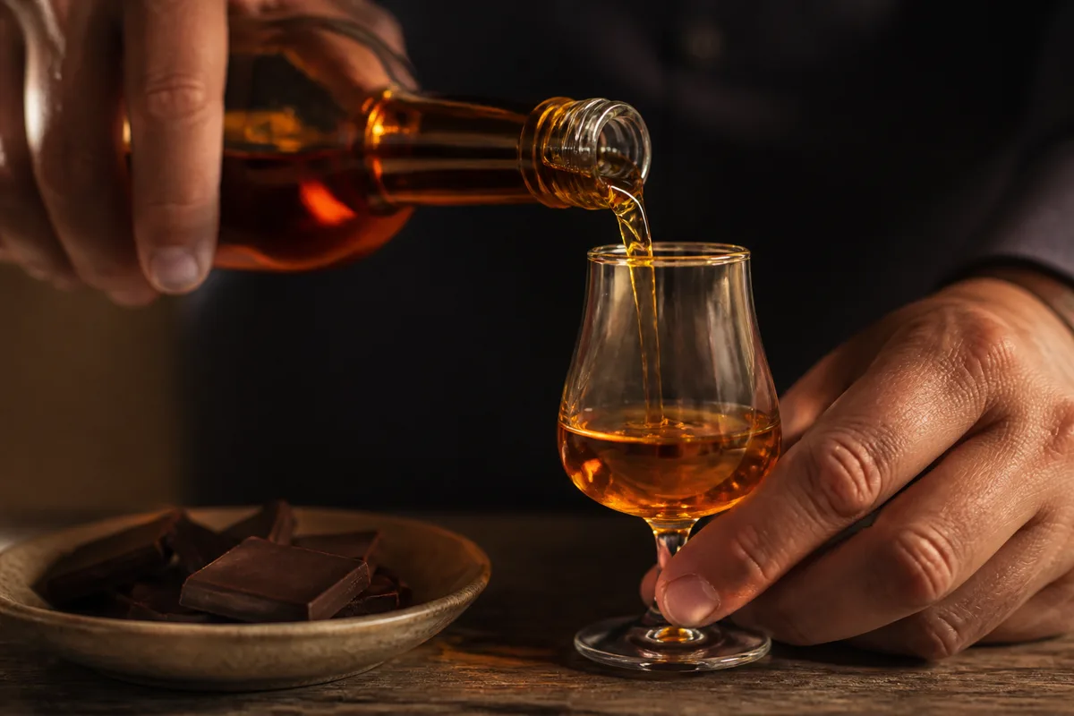 Mains versant un vin doux naturel dans un petit verre à côté de carrés de chocolat noir