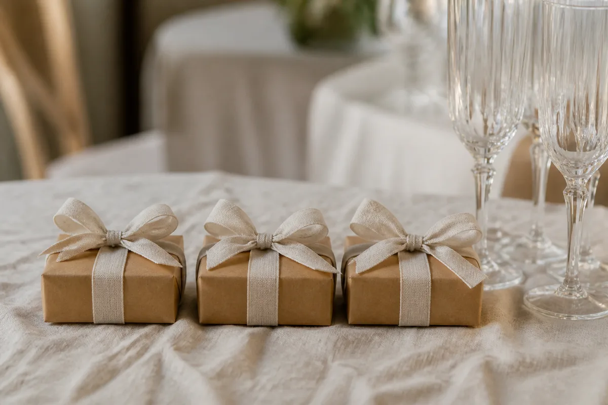 Trois paquets identiques en papier kraft alignés sur une nappe de lin