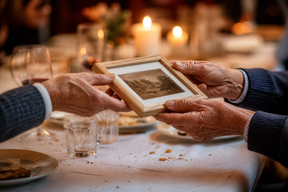Mains recevant un cadre photo en bois à une table de banquet