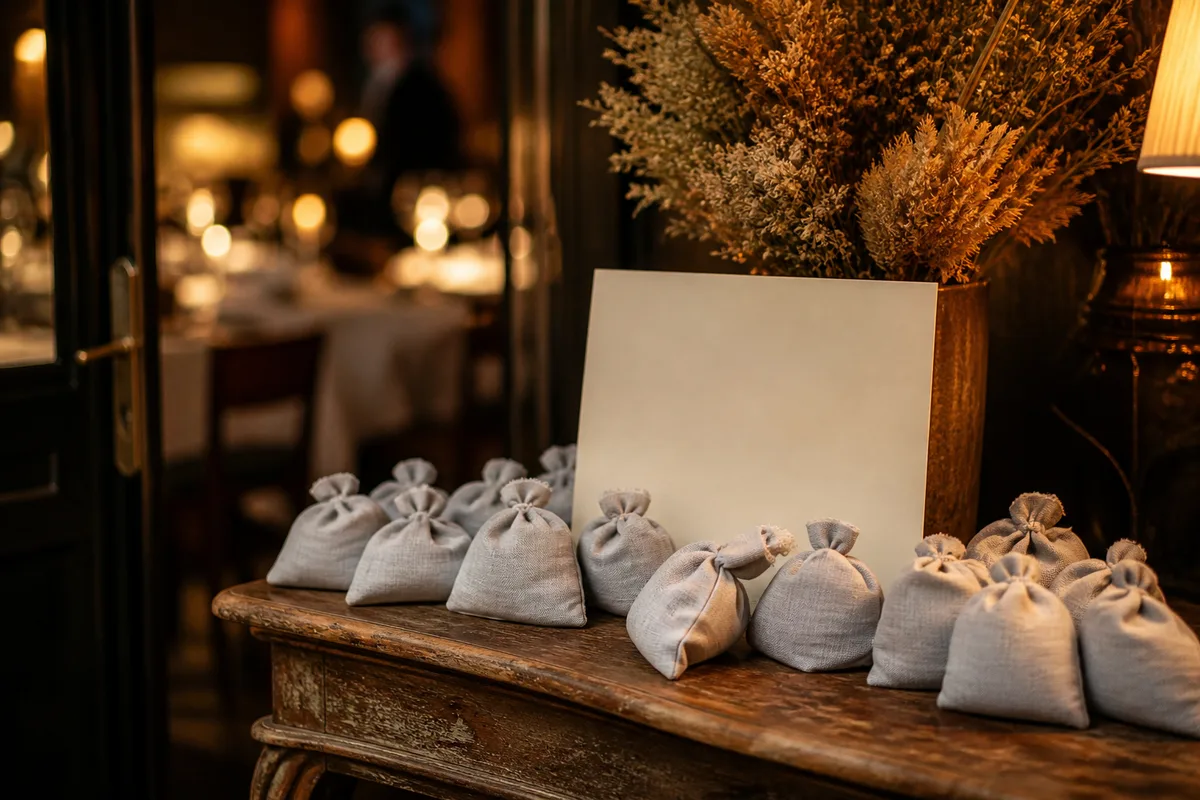 Sachets de lin uni et carton vierge posés près d’une nappe blanche