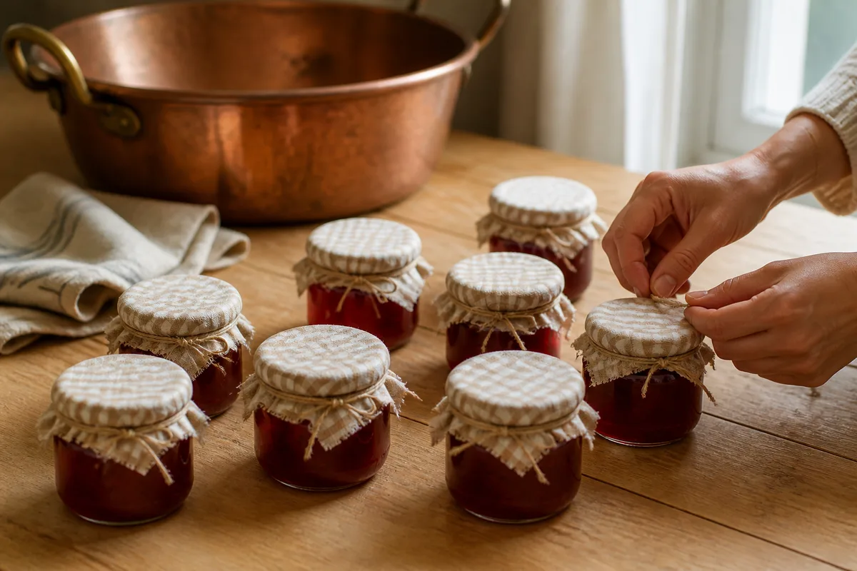 Bocaux de confiture maison fermés par un tissu uni sur un plan de travail en bois