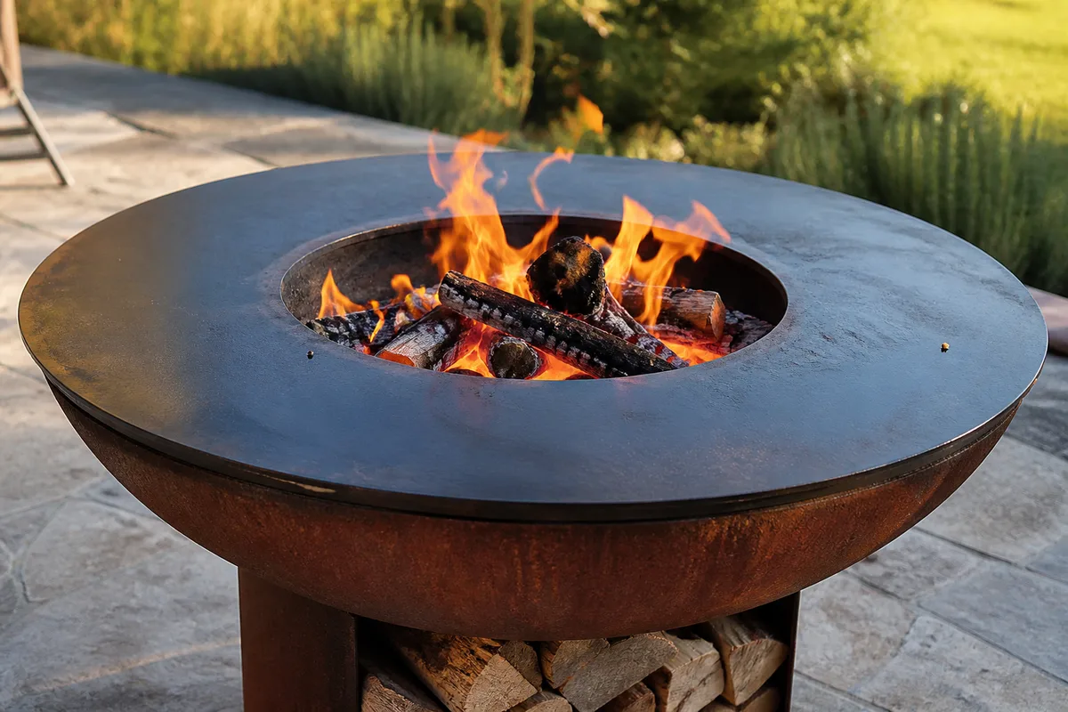 Brasero plancha circulaire à large couronne annulaire en acier avec un feu de bois au centre du foyer