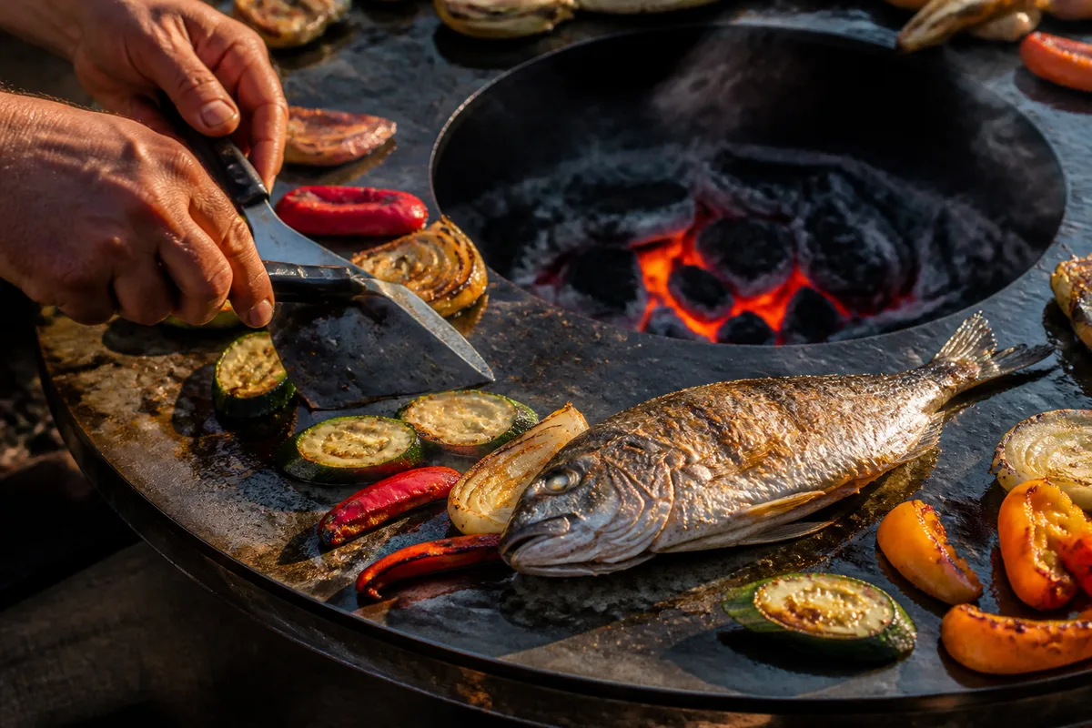 Couronne de cuisson en acier épais chargée de légumes de saison et de poisson entier autour d un foyer de braises