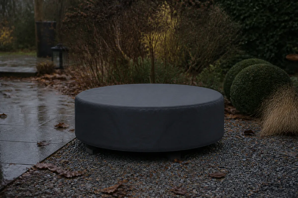 Housse de protection posée sur un brasero éteint dans un jardin en fin de saison sous une lumière basse