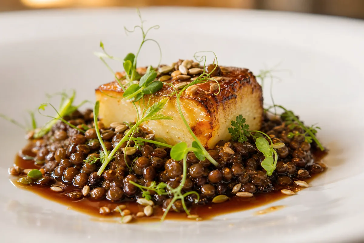 Assiette gastronomique végétarienne dressée avec des lentilles, un légume rôti et des herbes fraîches