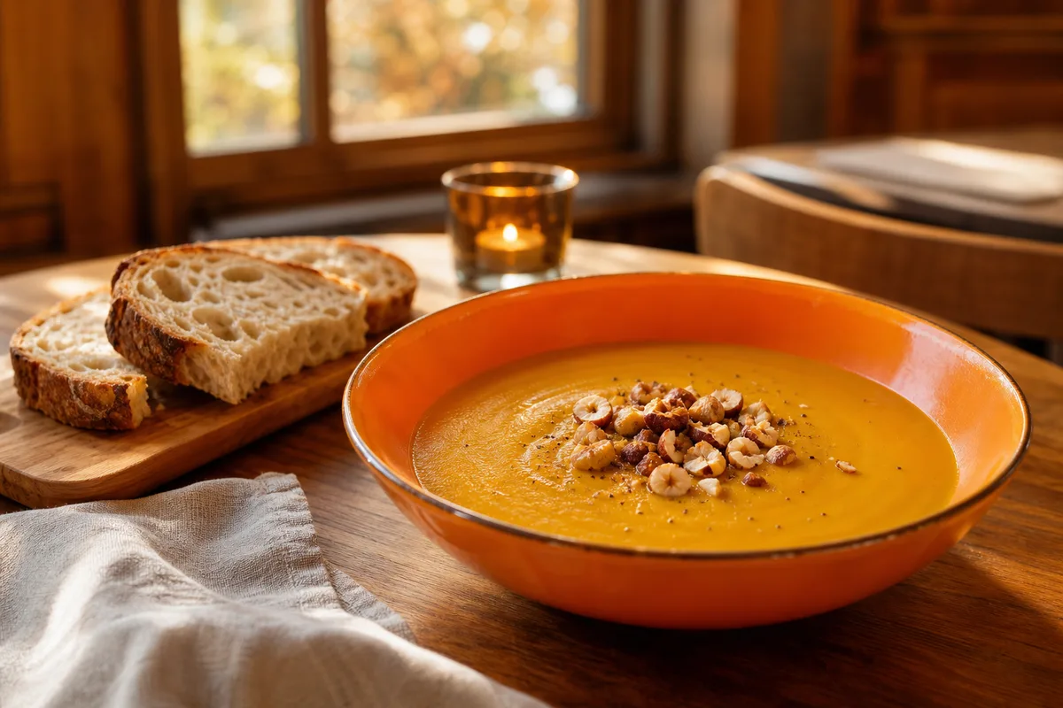Table de restaurant dressée avec un menu végétarien de saison, velouté de courge et pain de campagne