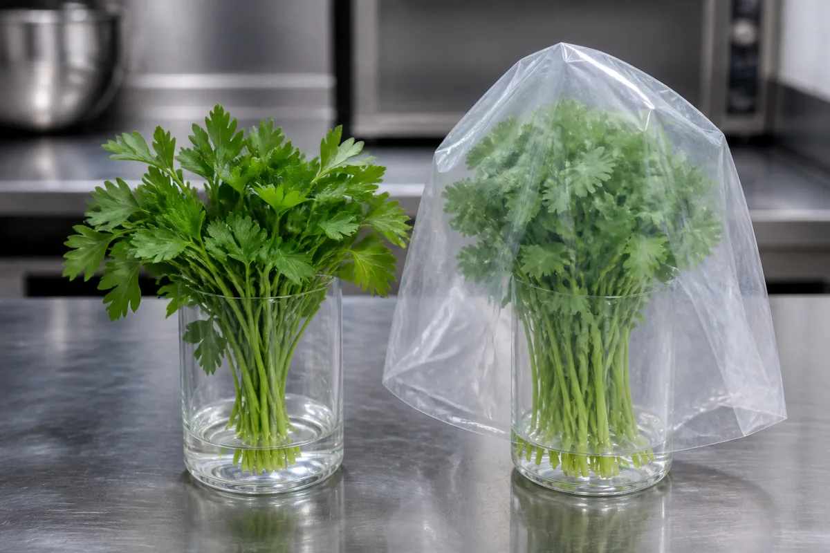 Bouquets de persil et de coriandre debout dans des bocaux d’eau sur un plan de travail en inox