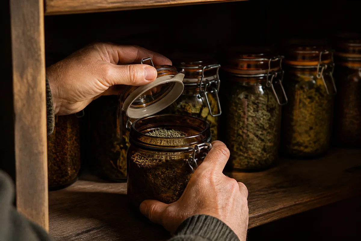 Bocaux de verre opaques remplis d’herbes séchées effritées, rangés dans un placard sombre