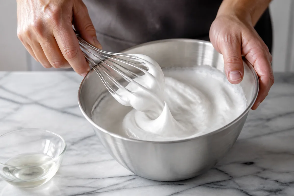Mains fouettant de l’aquafaba monté en neige dans un cul-de-poule en inox sur un plan de travail clair