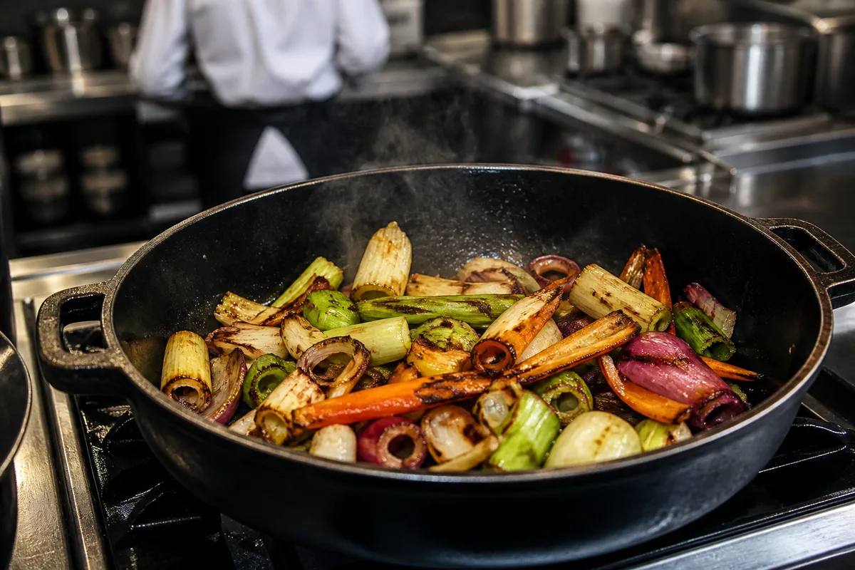 Parures de légumes colorées à la sauteuse en fonte dans une cuisine professionnelle