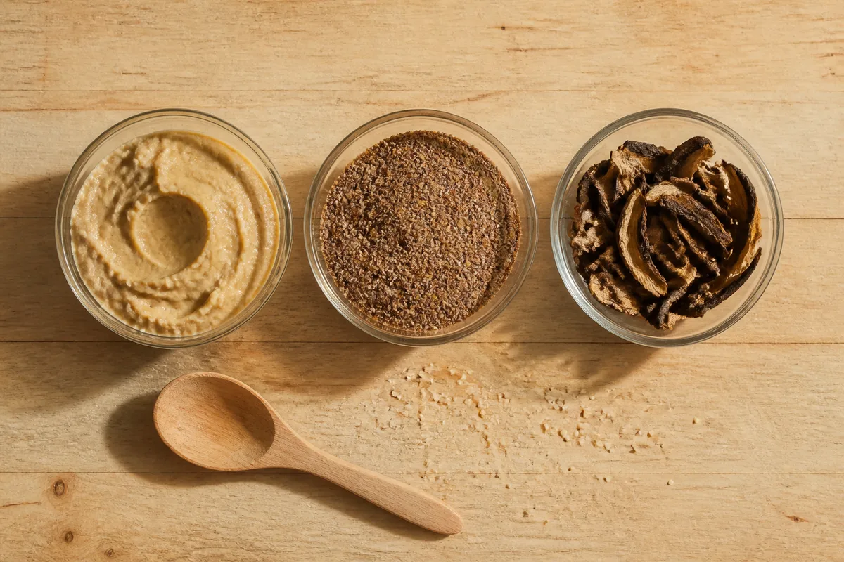 Bols de verre lisse contenant purée de cajou, graines de lin moulues et champignons séchés sur un plan de travail en bois brut