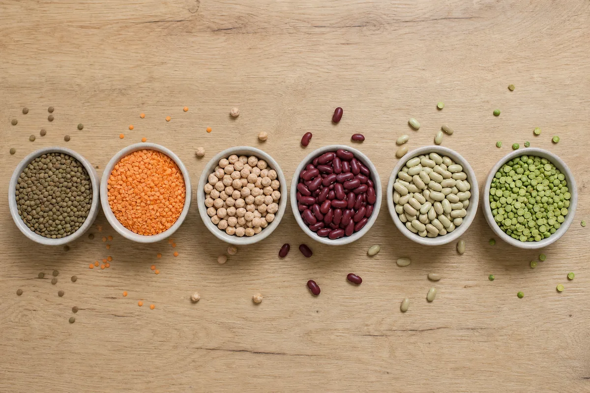 Assortiment de légumes secs présentés dans des coupelles en céramique sur un plan de travail en bois