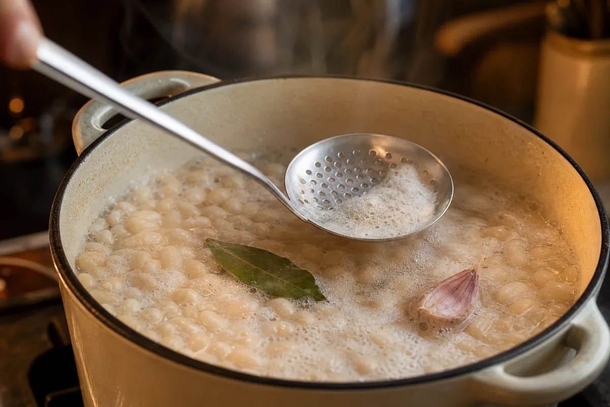 Casserole de haricots blancs en cuisson douce avec une branche de laurier et une écumoire