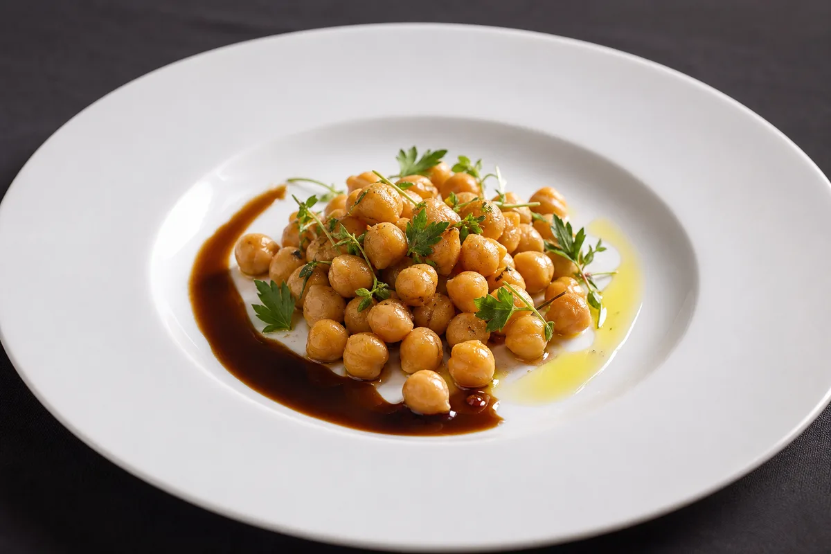 Assiette de restaurant dressée avec des pois chiches fondants, un jus végétal et des herbes fraîches