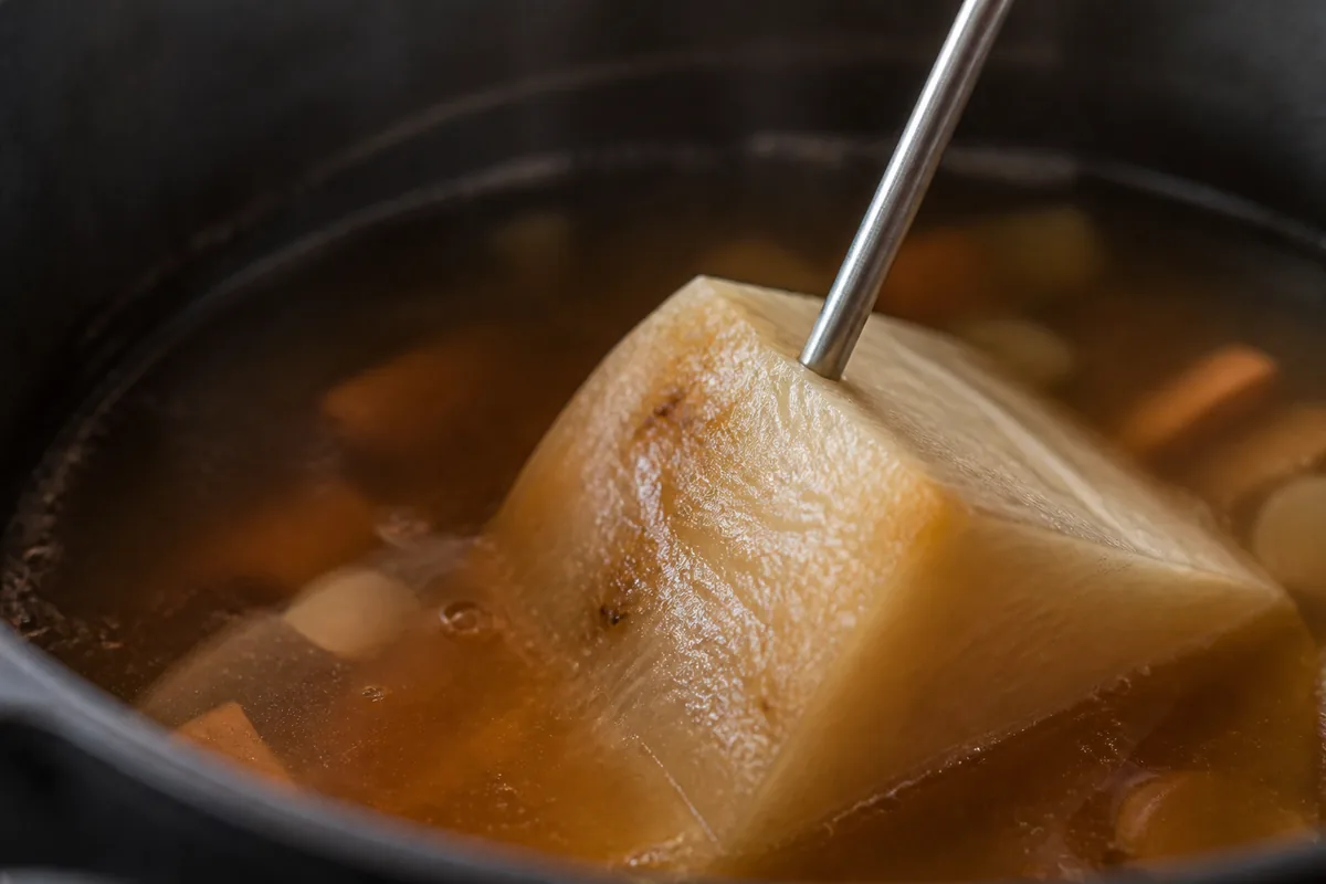 Thermomètre de cuisine planté dans une pièce de légume racine mijotant dans une cocotte en fonte, buée légère et lumière rasante