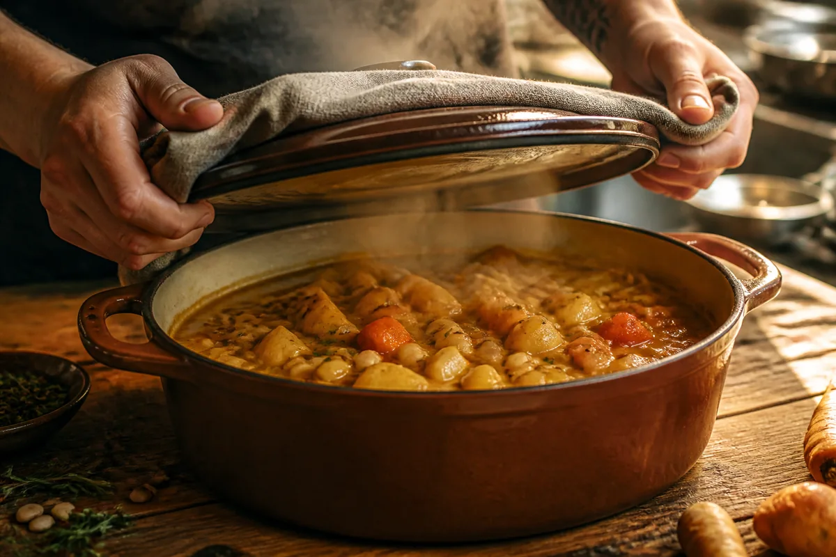 Cocotte en fonte émaillée entrouverte laissant apparaître un ragoût de légumes racines et de légumes secs, cuisine professionnelle en arrière-plan flou