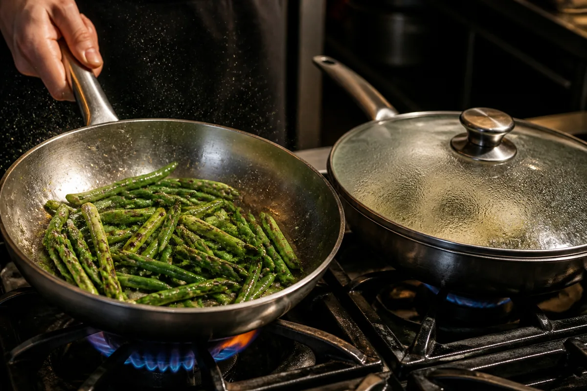 Deux poêles côte à côte sur un piano de cuisson, l’une avec des légumes verts saisis à feu vif, l’autre couverte à frémissement doux