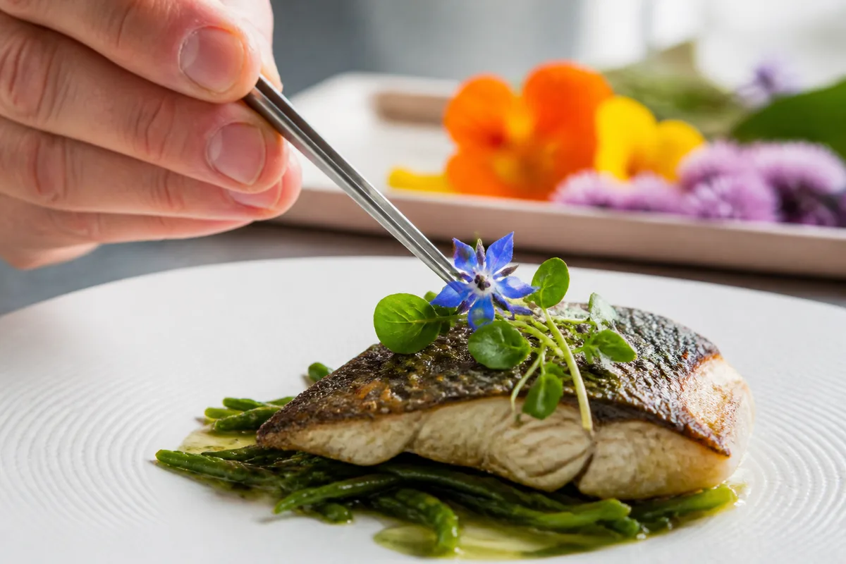 Herbes fraîches et fleurs comestibles posées à la pince sur une assiette de poisson