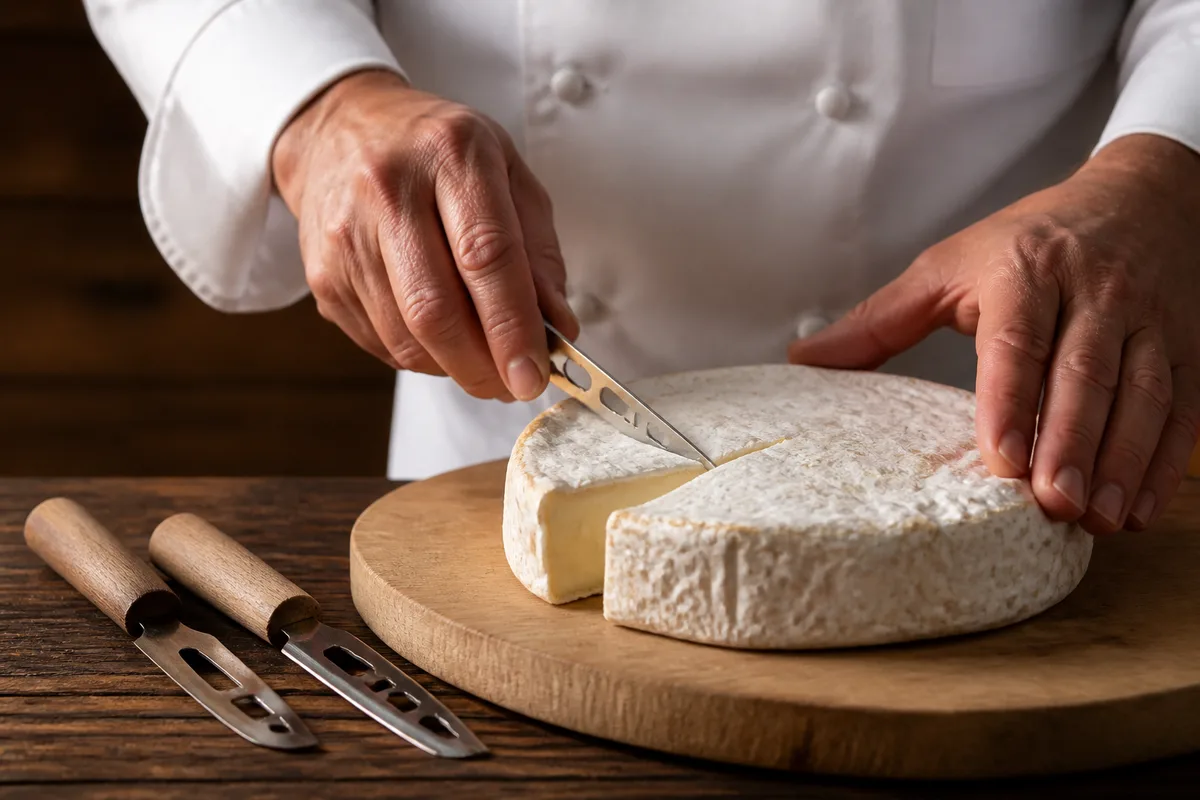Mains d’un cuisinier taillant une pointe de fromage à pâte molle sur une planche de bois clair, deux couteaux à lame fine posés à côté