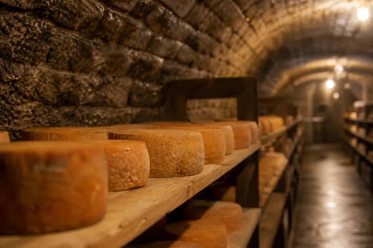 Fromages ronds à croûte orangée alignés sur des planches de bois brut dans une cave d’affinage en lumière tamisée