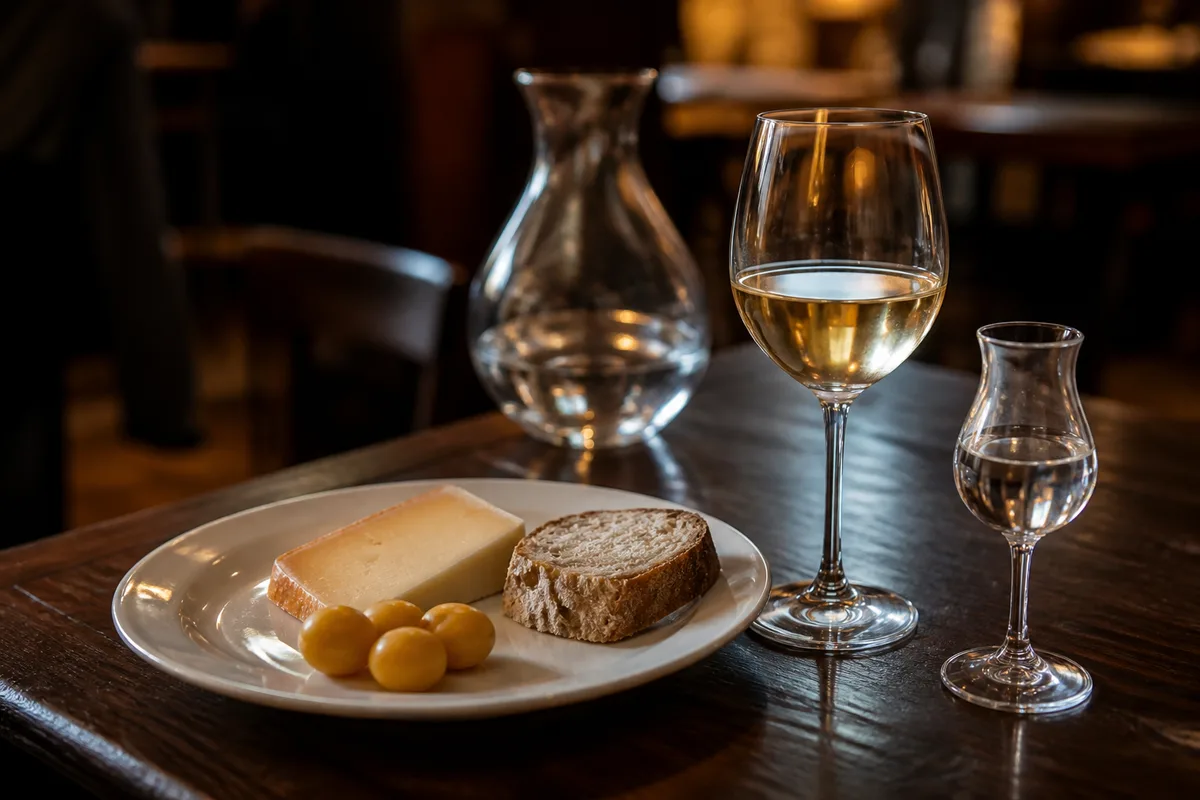 Verre de vin blanc et petit verre à eau-de-vie posés près d’une assiette portant une part de fromage à croûte orangée