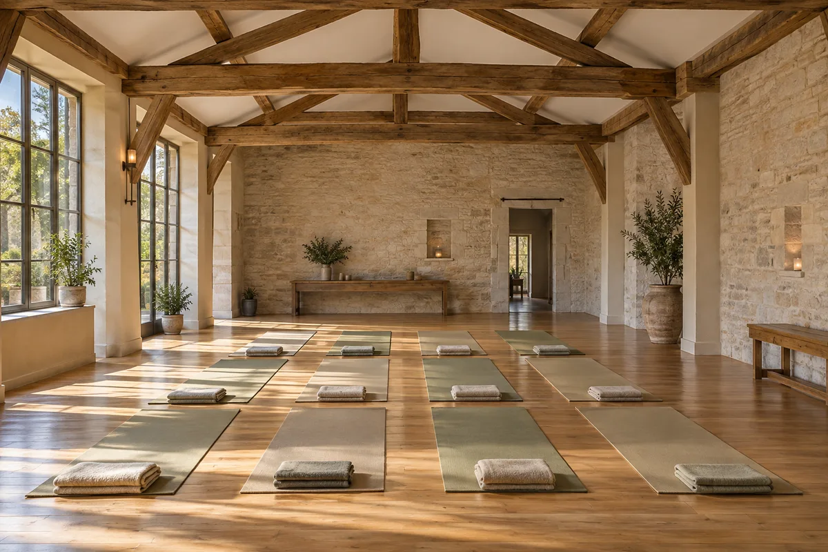 Salle aux poutres apparentes avec des tapis de yoga alignés sur un parquet clair