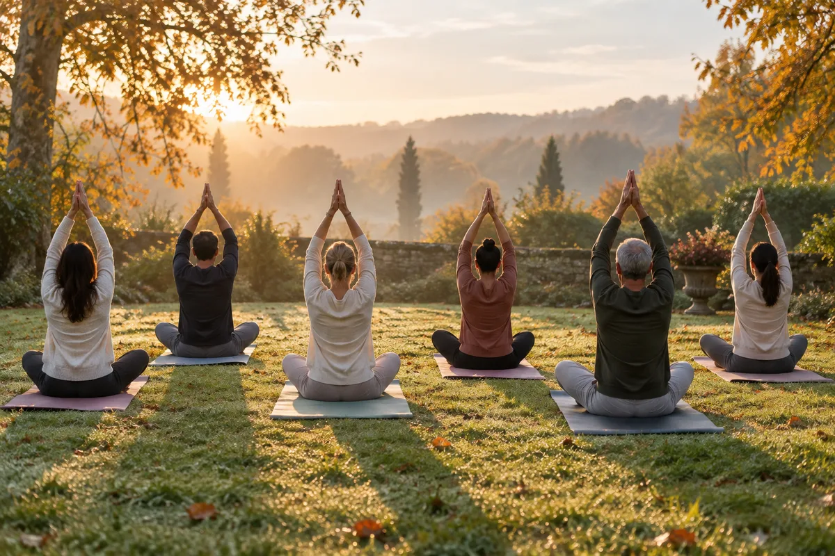 Groupe vu de dos dans une posture douce sur des tapis dans un jardin au matin