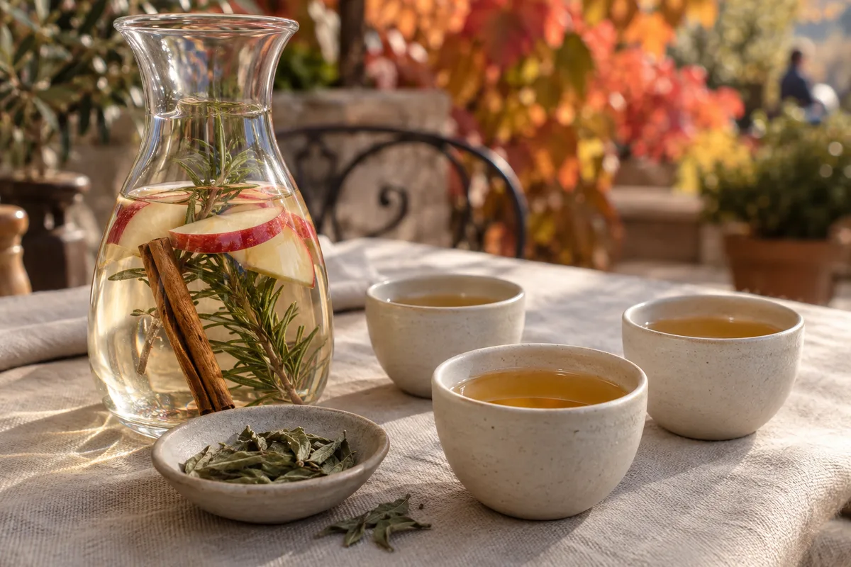 Carafe d’eau infusée à la pomme et tasses de tisane sur une nappe en lin