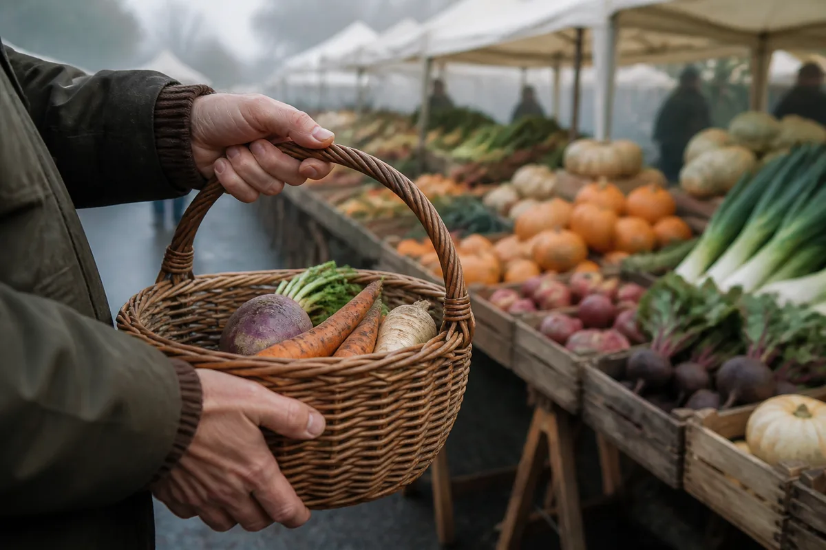 Étal de marché de producteurs avec cagettes de légumes bio et mains tendant un panier en osier
