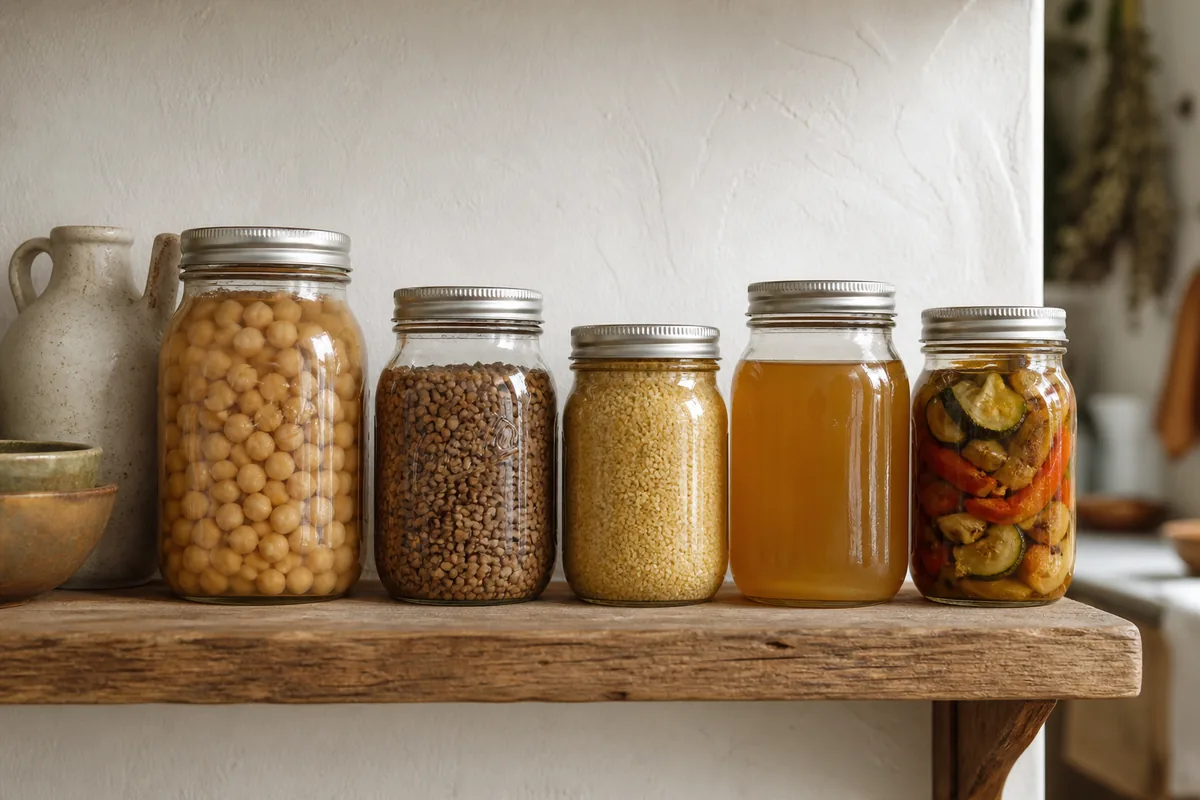 Bocaux en verre contenant légumineuses, céréales et bouillon, rangés sur une étagère de cuisine