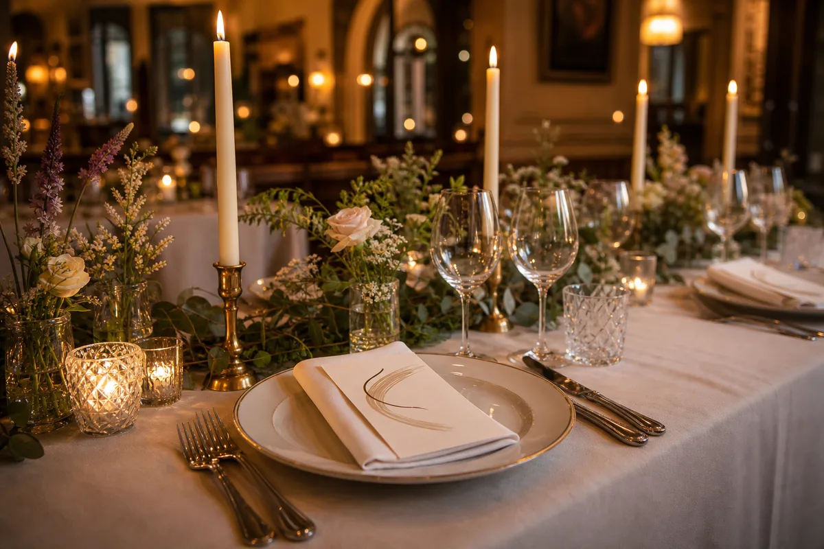 Salle de restaurant dressée pour une réception de mariage