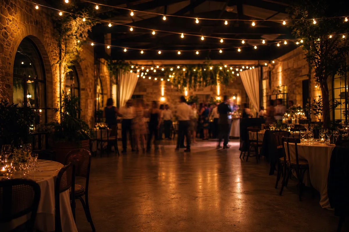 Ambiance de fin de soirée dans un restaurant privatisé, lumières tamisées