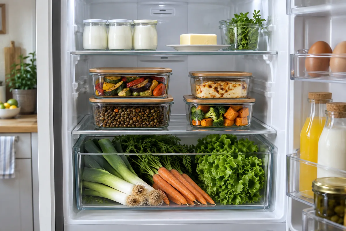 Réfrigérateur ouvert bien rangé avec restes en boîtes de verre et légumes frais en bac