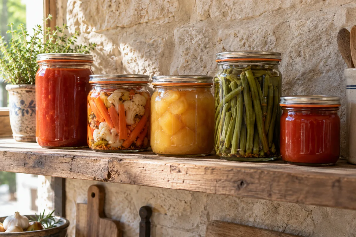 Bocaux de conserves maison alignés sur une étagère en bois dans une cuisine
