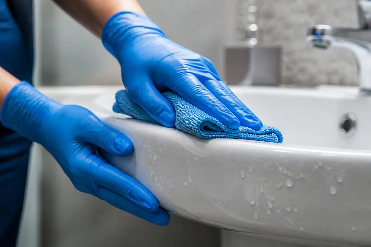Mains gantées passant une microfibre pliée sur une vasque en céramique blanche, gouttes d’eau et lumière rasante