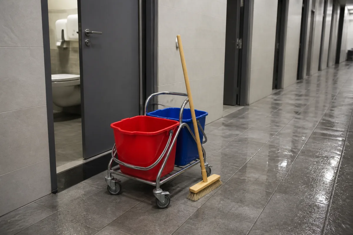 Chariot d’entretien à seaux colorés et manche de balai en bois devant une porte entrouverte de sanitaire, couloir carrelé