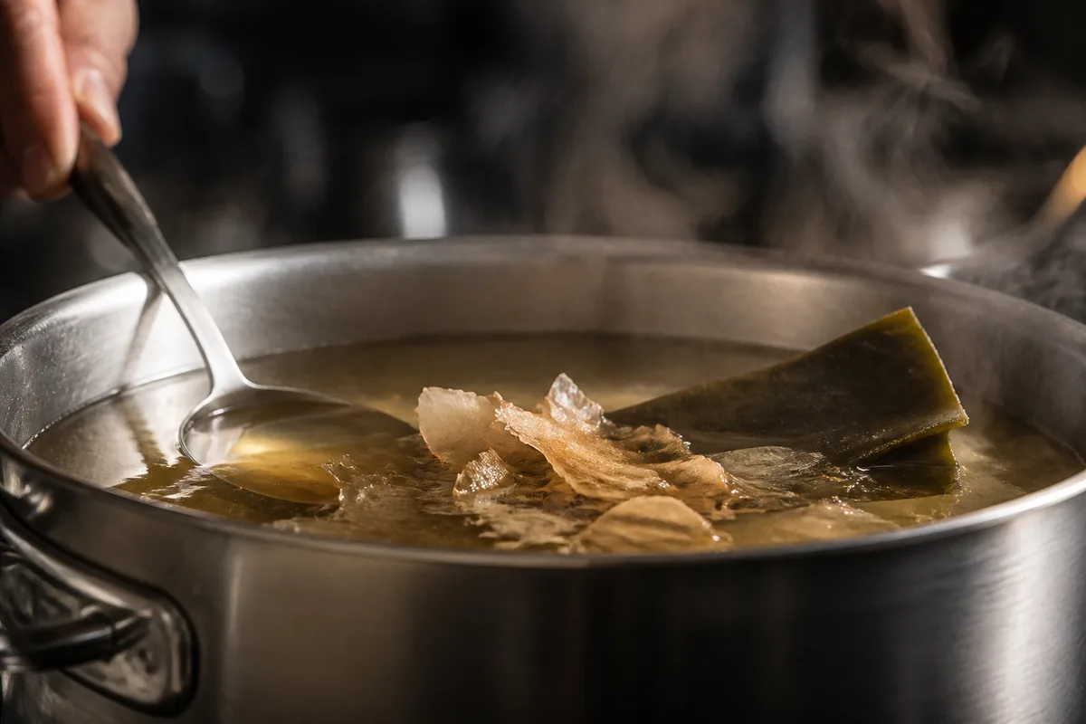 Bouillon clair en cours d&rsquo;infusion dans une casserole en inox avec une lanière d&rsquo;algue séchée et des copeaux de poisson séché