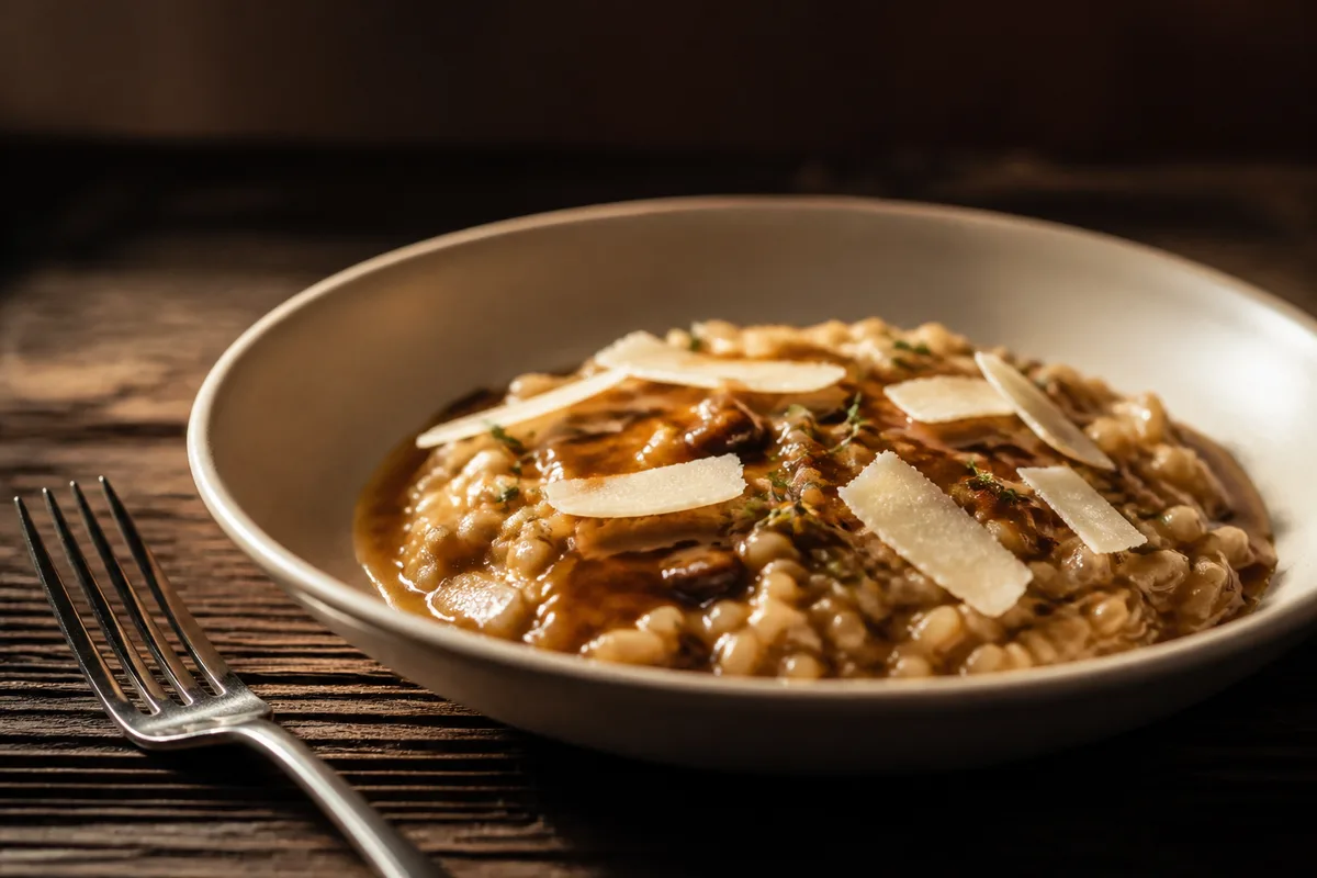 Assiette de risotto crémeux parsemé de copeaux de fromage affiné, dressée sur une table sombre en lumière rasante